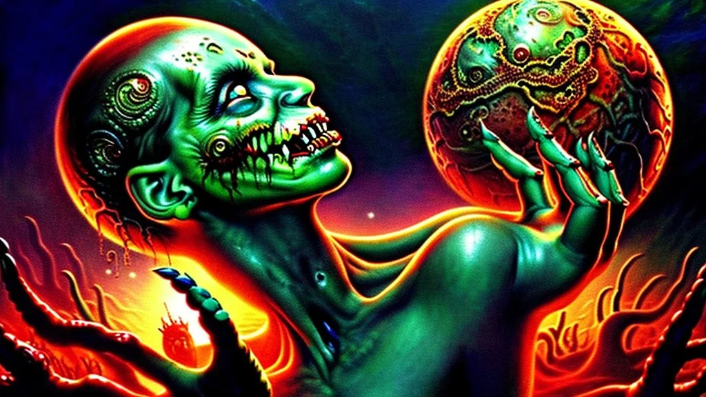 he zombie gods eating worlds with hands, grotesque, horror, high details, intricate details, by vincent di fate, artgerm julie bell beeple, 1 9 8 0 s, inking, vintage 8 0 s print, screen prin