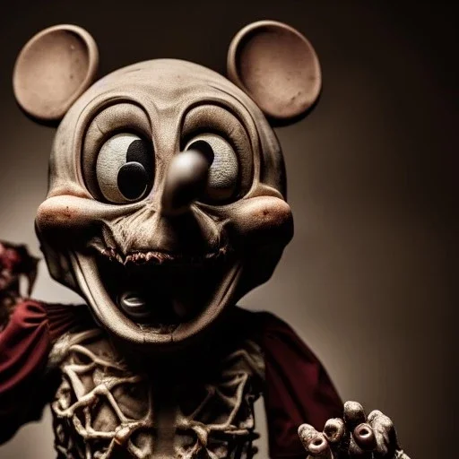 Rotting corpse zombie who is mickey mouse smiling, evil, arms forward like a mummy, fangs, sharp focus