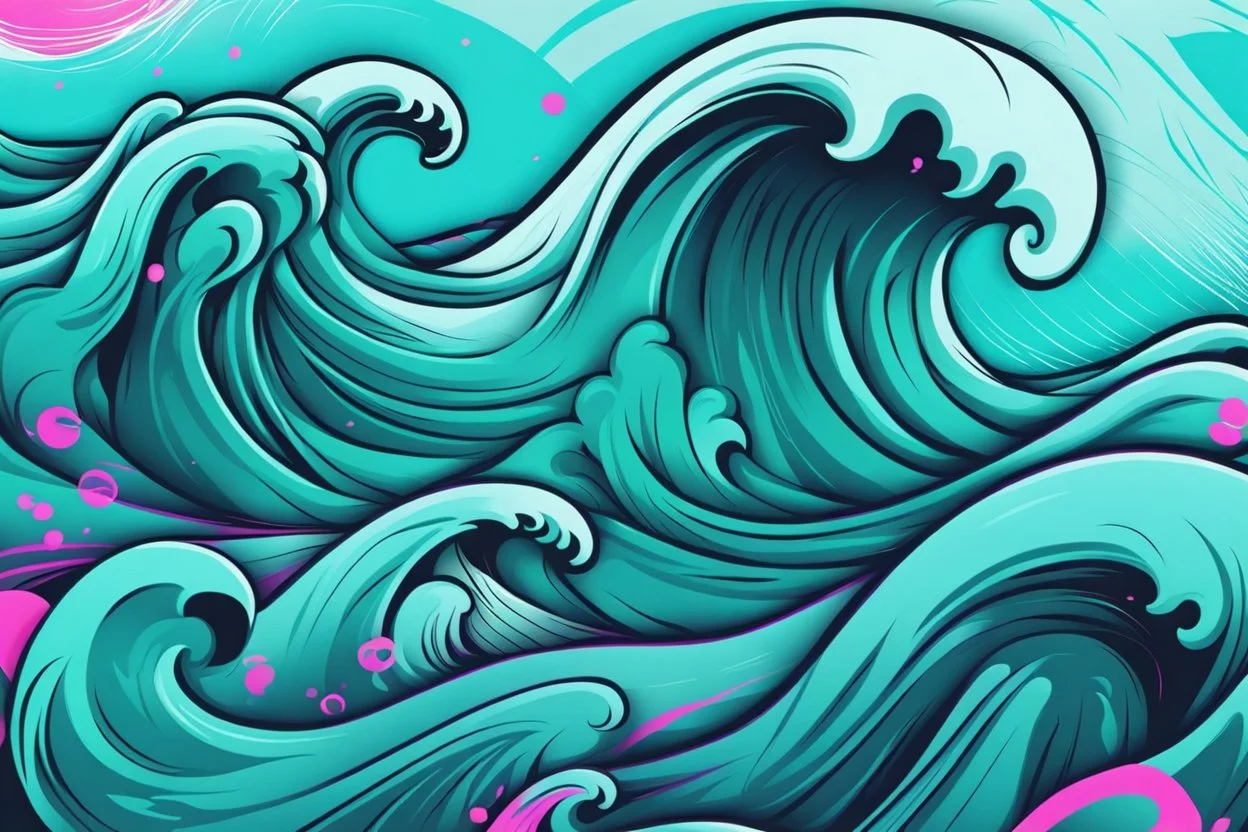 a background of surf waves with black linework, blue teal tones, surf culture, kawaii cute. + vector linework. swirling in bottom right. add pink and magenta graffiti lines over edges