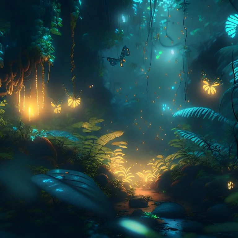 dense fantasy jungle with glowing fireflies, dawn, photorealistic, unreal engine 5, masterpiece, trending on artstation, sharp focus