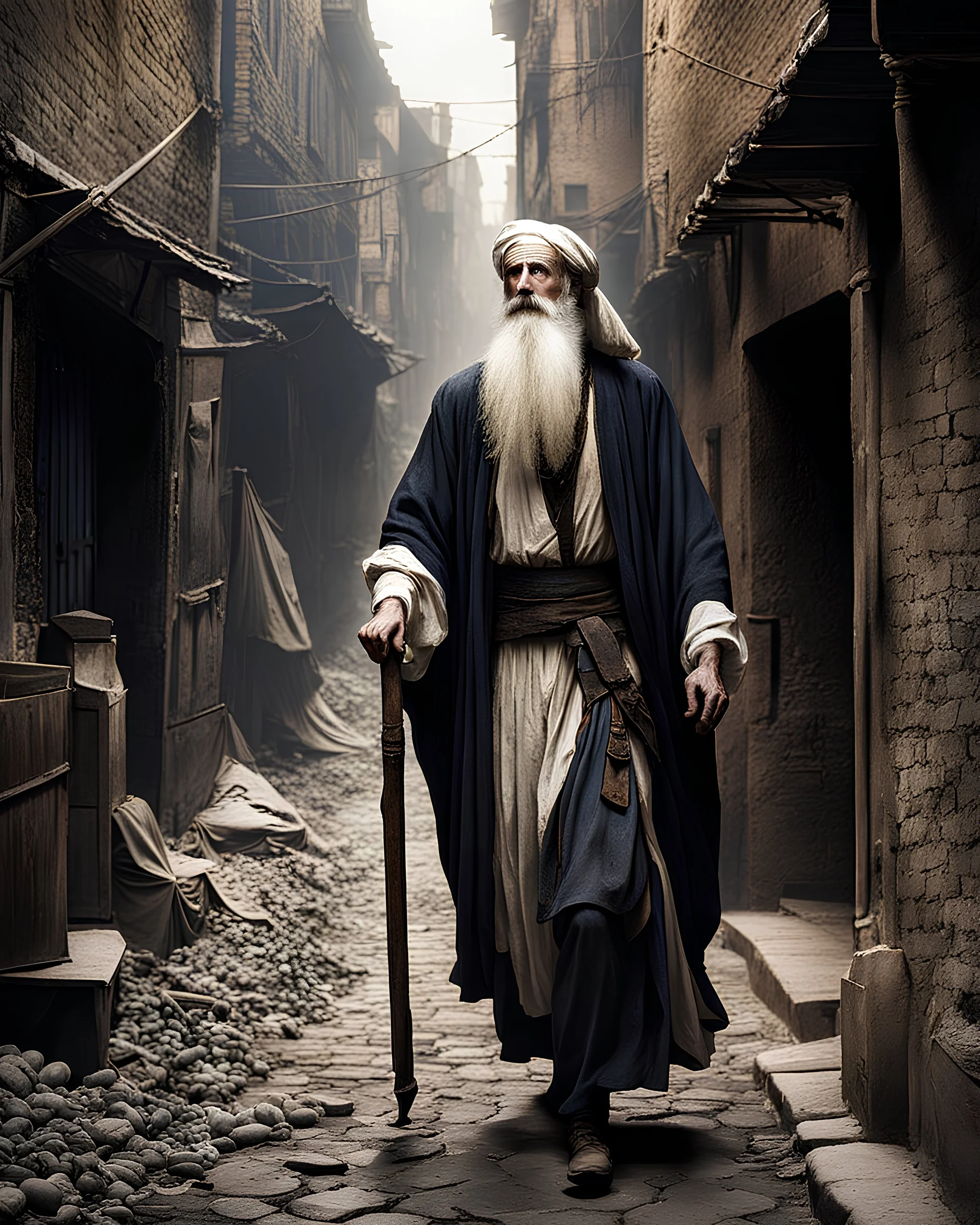 A skeletal,1000-year-old man with a long, white beard and dressed in rags, shuffling down a filthy alley.