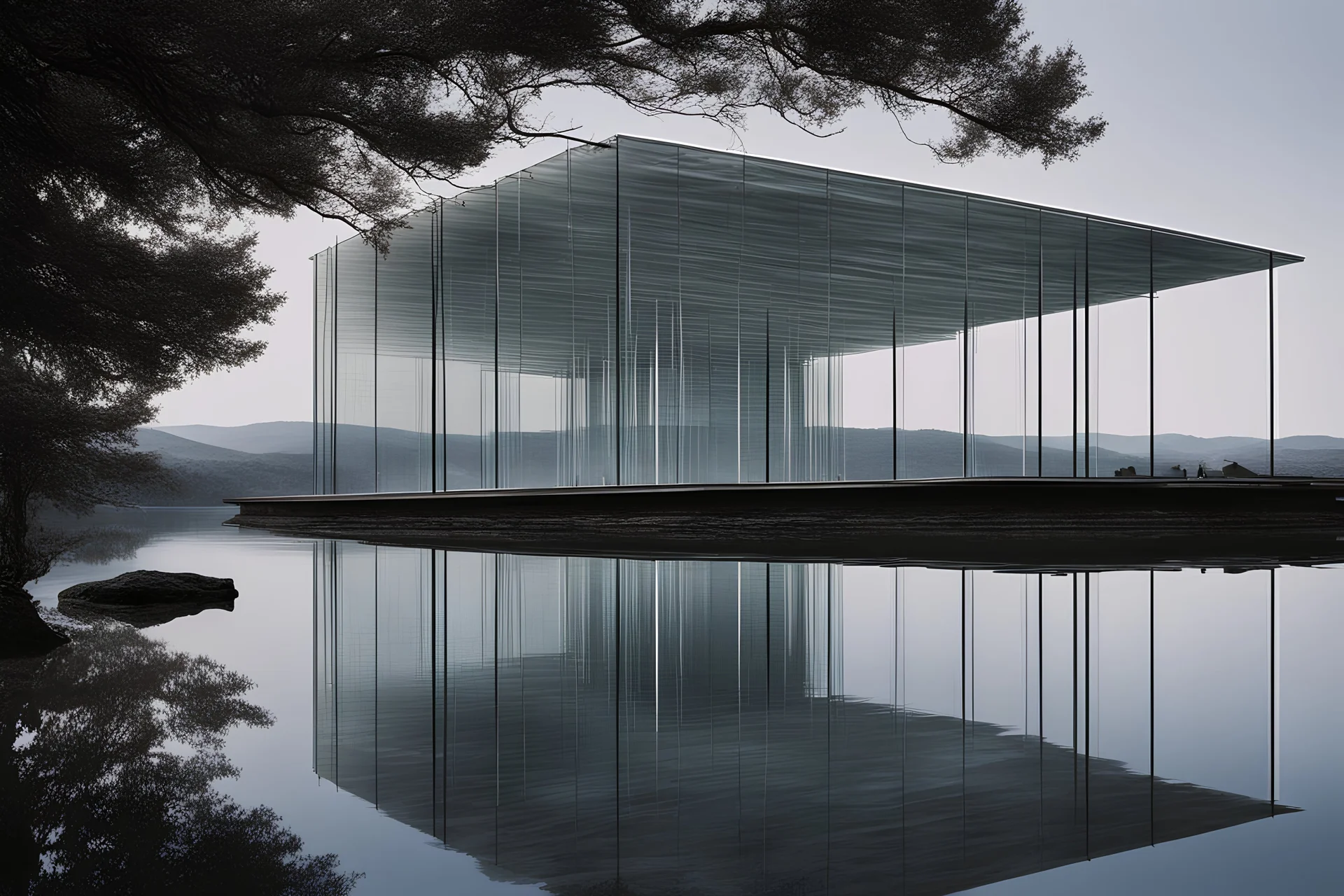 Ethereal glass structure suspended over a serene body of water, showcasing the innovative architectural style of Renzo Piano, captured by Hiroshi Sugimoto --ar 16:9