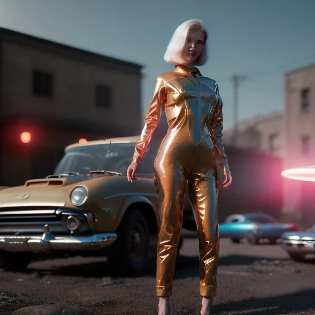 Ultra Realistic retro sci-fi, 1960 year, levitating all cars by young blonde woman quiet, latex suit, soft color, highly detailed, unreal engine 5, ray tracing, RTX, lumen lighting, ultra detail, volumetric lighting, 3d, finely drawn, high definition, high resolution.