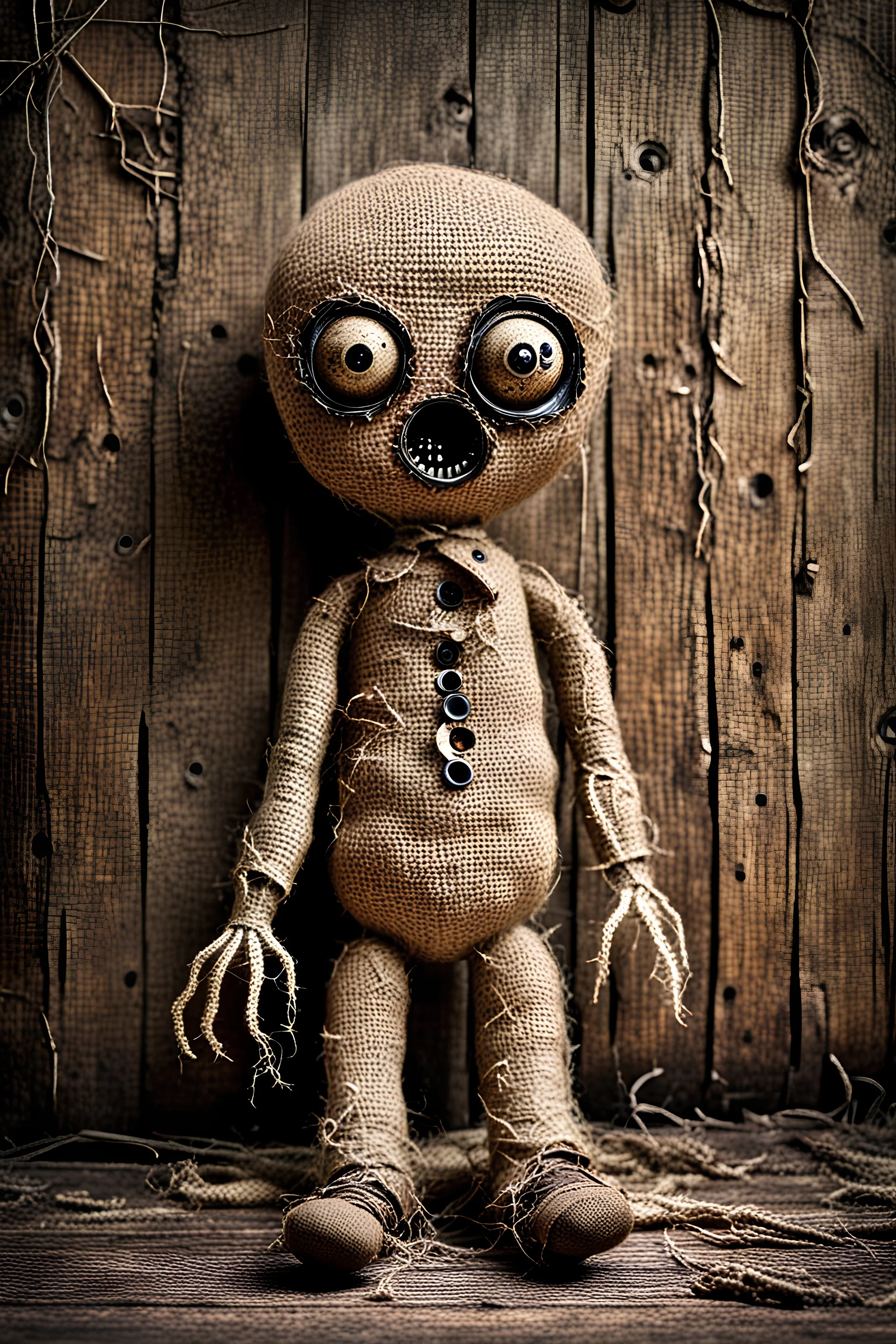 creepy cute burlap doll with scared face, its body is dirty, holey, cracked old burlap, its big head is made of burlap, its two eyes are made of coat buttons, there are stitches on its body , it sits in the corner of a dilapidated, dirty room in a dilapidated house, a spider crawls towards him on the floor, low lighting, detailed, thriller, eerily impressive image