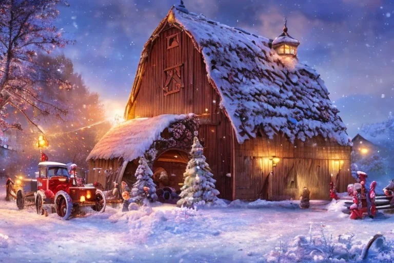 A 3D scene of a barn, December, snow, Disney, Pixar, Dreamworks, Behance, Artstation, C4D, fun, cute, colorful