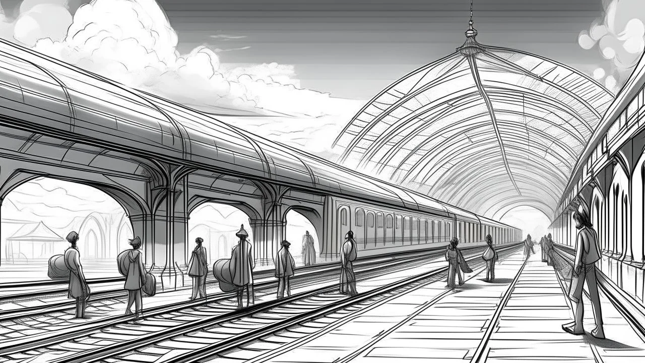 adorable cartoon style, An artistic rendering of a railway station where the walls are cracking, revealing bone structures inside. The atmosphere is lively, filled with diverse travelers, including a Middle-Eastern woman, an African man, and an Asian child, under a clear blue sky., black and white monochromatic palette, grey scale, blurry, muted colors, long exposition motion blur, 3d render cartoon