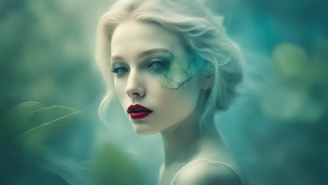 old retro photography, faded vignette, worn and cracked, double exposure, surrealism, blonde humanoid from another world, red lips, half body, greenish blue pale transparent glowing skin, plants growing out of head, tattoo, alien transparent eyes, hyperdetail, double exposure, Anna Razumovskaya, Anna Dittmann, Luis Royo, neo-impressionism, expressionism, oil painting. Vivid, detailed and textured brushstrokes reminiscent of Royo and Peter Coulson. Deep colors and dramatic lighting with cinematic