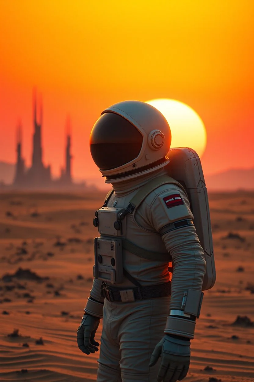 close up portrait of a lonely astronaut stands on an alien desert, the sun setting in vibrant hues of orange and yellow and red. His helmet reflects the light, he gazes at towering structures on the horizon—remnants of a once-great civilization. With every step through the barren sands, the weight of his mission grows heavier. Is he a pioneer, The silence and black shadows around him , surreal, dark sci-fi, utopistic vibe