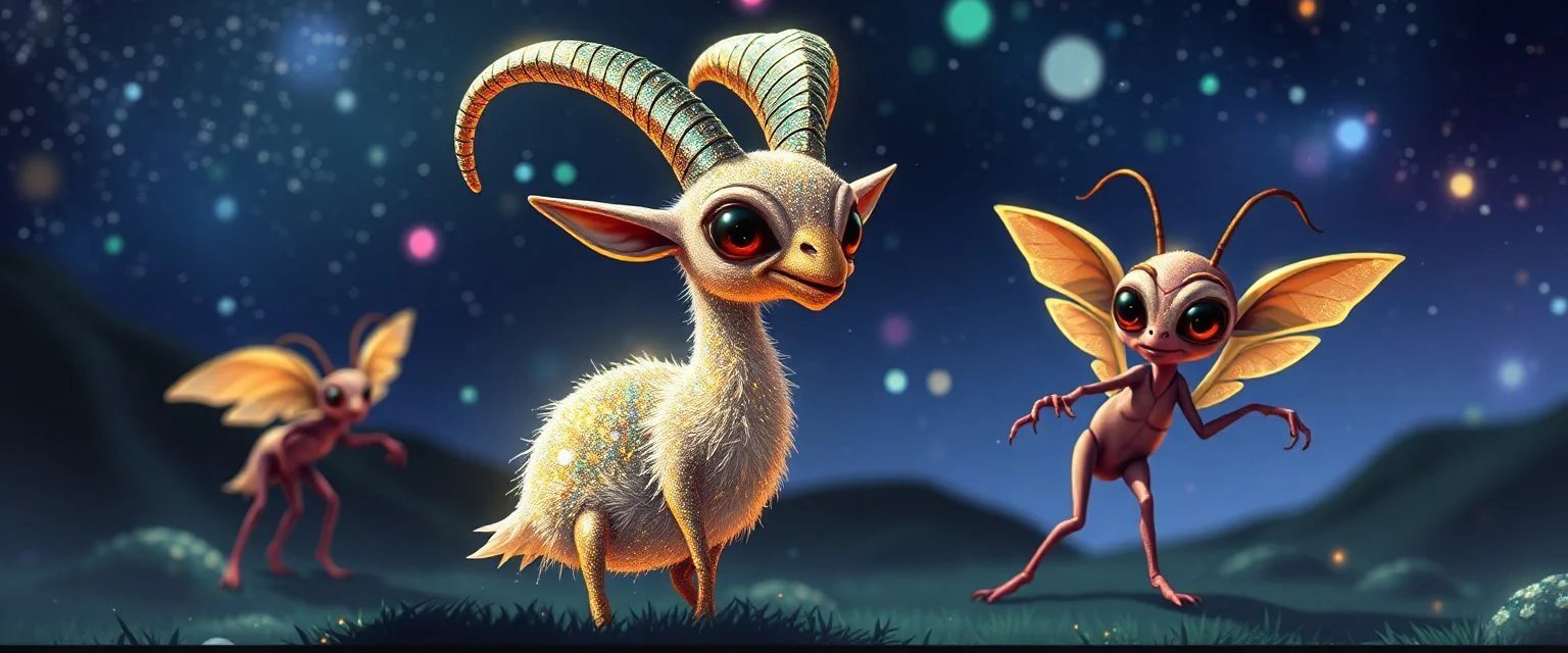 disco glittery goose goat ant alien gremlin anime