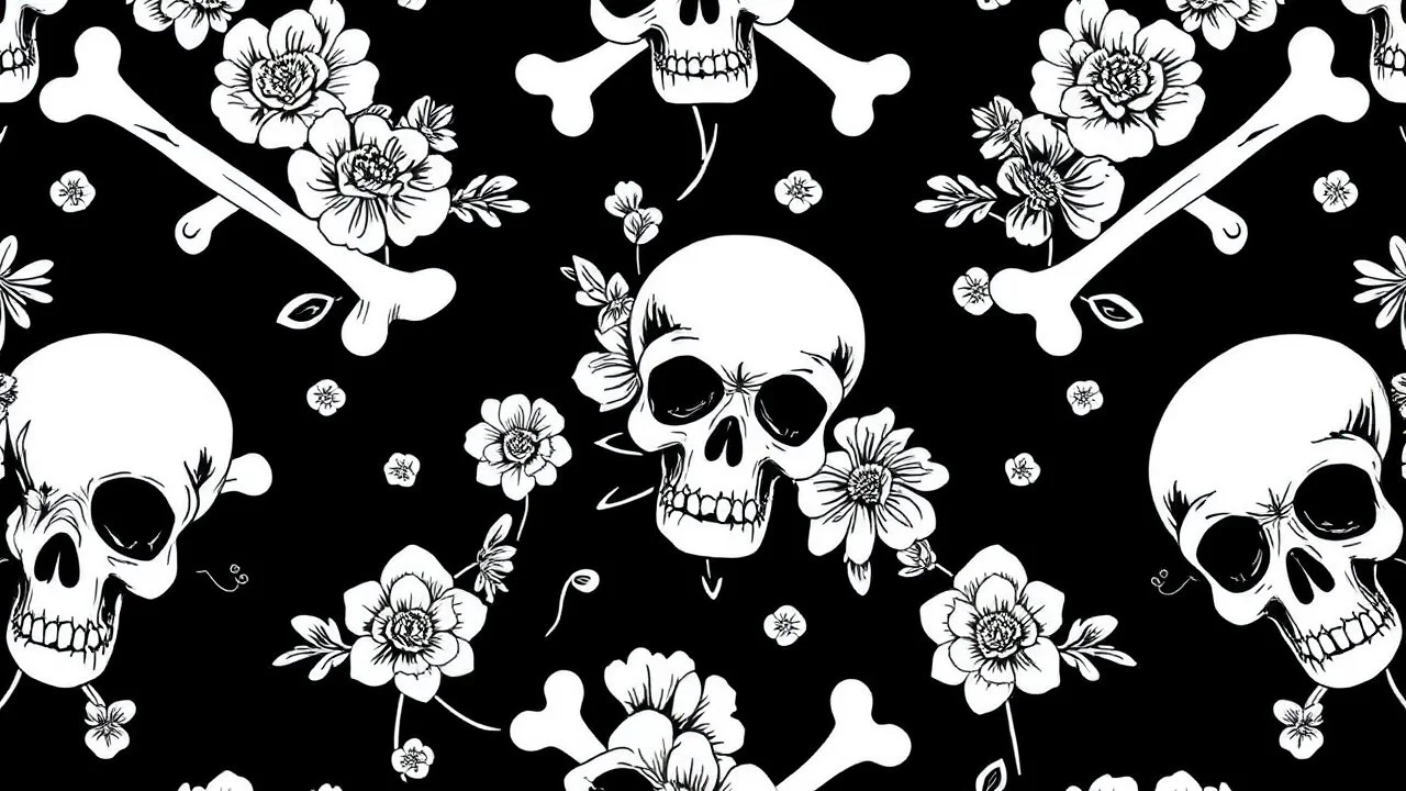 gothic pattern of bones, flowers and skulls, black and white