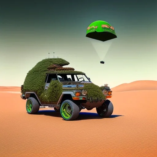 air drop, centered,boat in desert, 6 wheeler, green sky, worms, rocks