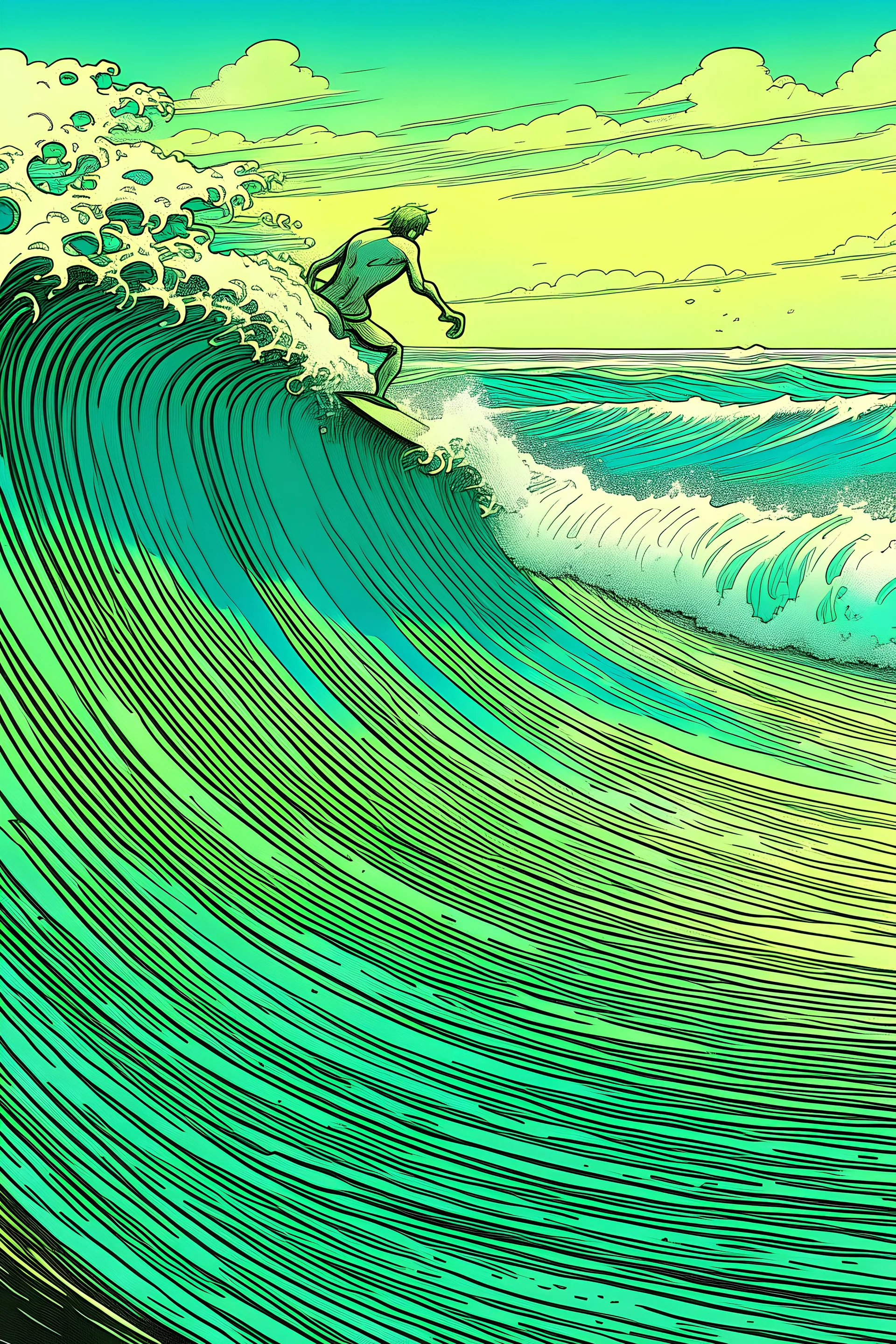 moebius illustration of an surfer on a big ocean