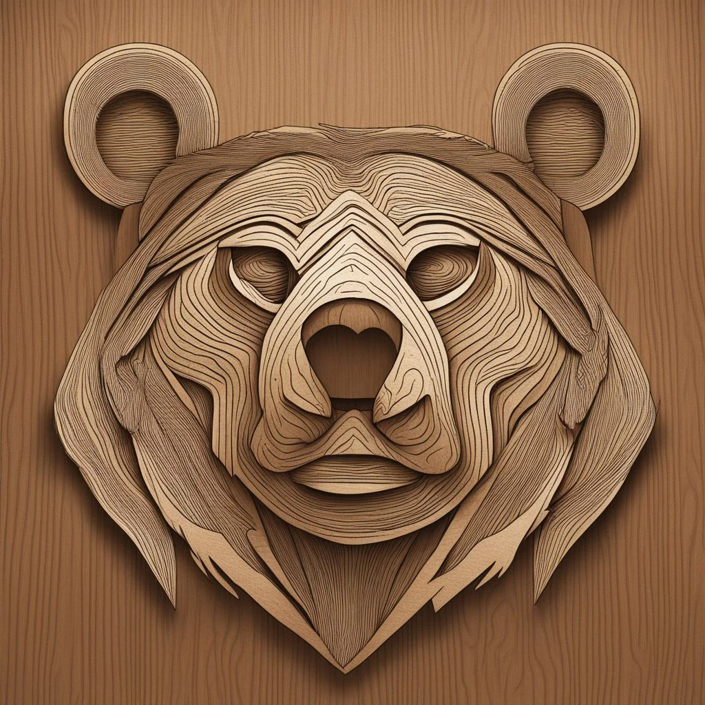 combine textured wood with stylized shape of a bear head, graphic style, minimalistic, clean