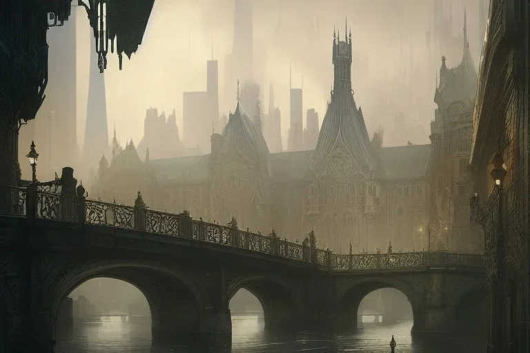 Bridge made by tree+Harbour Chicago Parisien building London+Edimburgh+Gothic town+Art deco Metropolis +alphonse mucha, greg rutkowski,matte painting, cryengine, hyper detailed, felix kelly, fantasy art, seb mckinnon