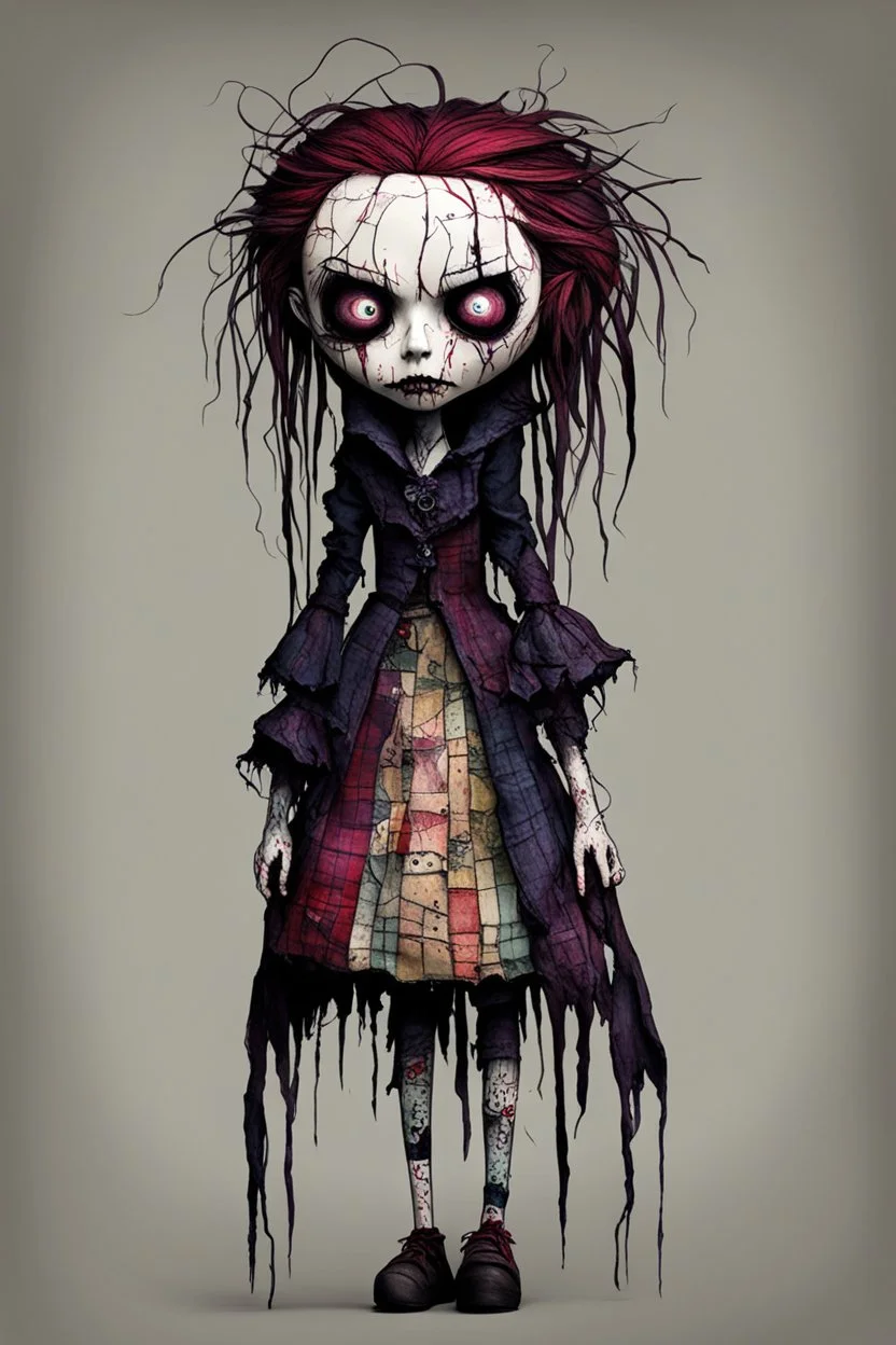 full color, illustration of a dark menacing Scottish vampire girl, tall and willowy , as a decayed, broken, crude homemade patchwork cloth doll toy, with a cracked porcelain face, thick dark eyebrows, hair made from ragged strips of cloth, art in the style of Alex Pardee and Tim Burton