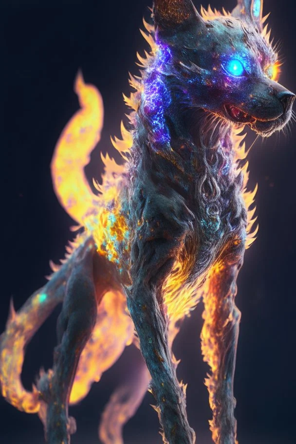 Zombie dog cat fire dragon humanoid fused alien ,extremely detailed,crystal clear, mystical colors ,perfectly centered image, perfect composition, rim light, beautiful lighting, 8k, stunning scene, raytracing