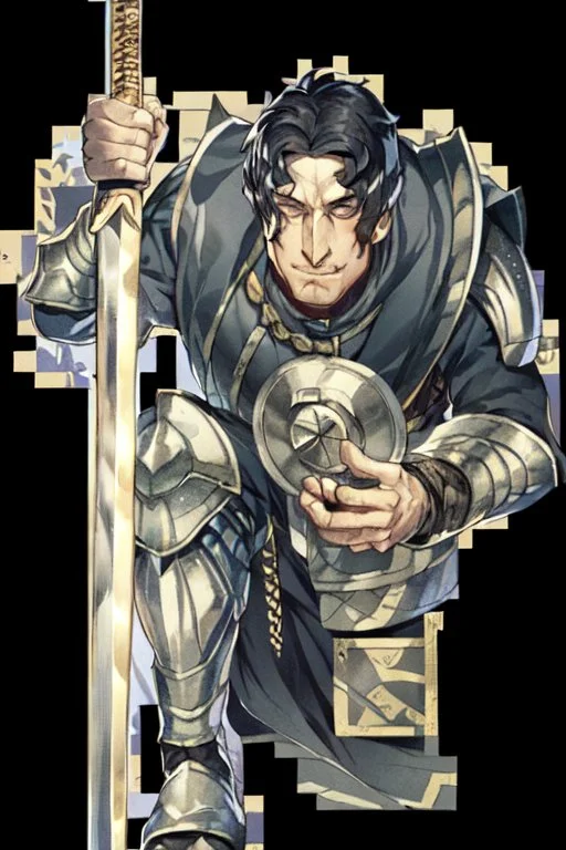 A handsome 30 year old knight, black hair, male bob haircut, in black-and-gold plate armor, golden katana in both hands, no beard, european, proper arms