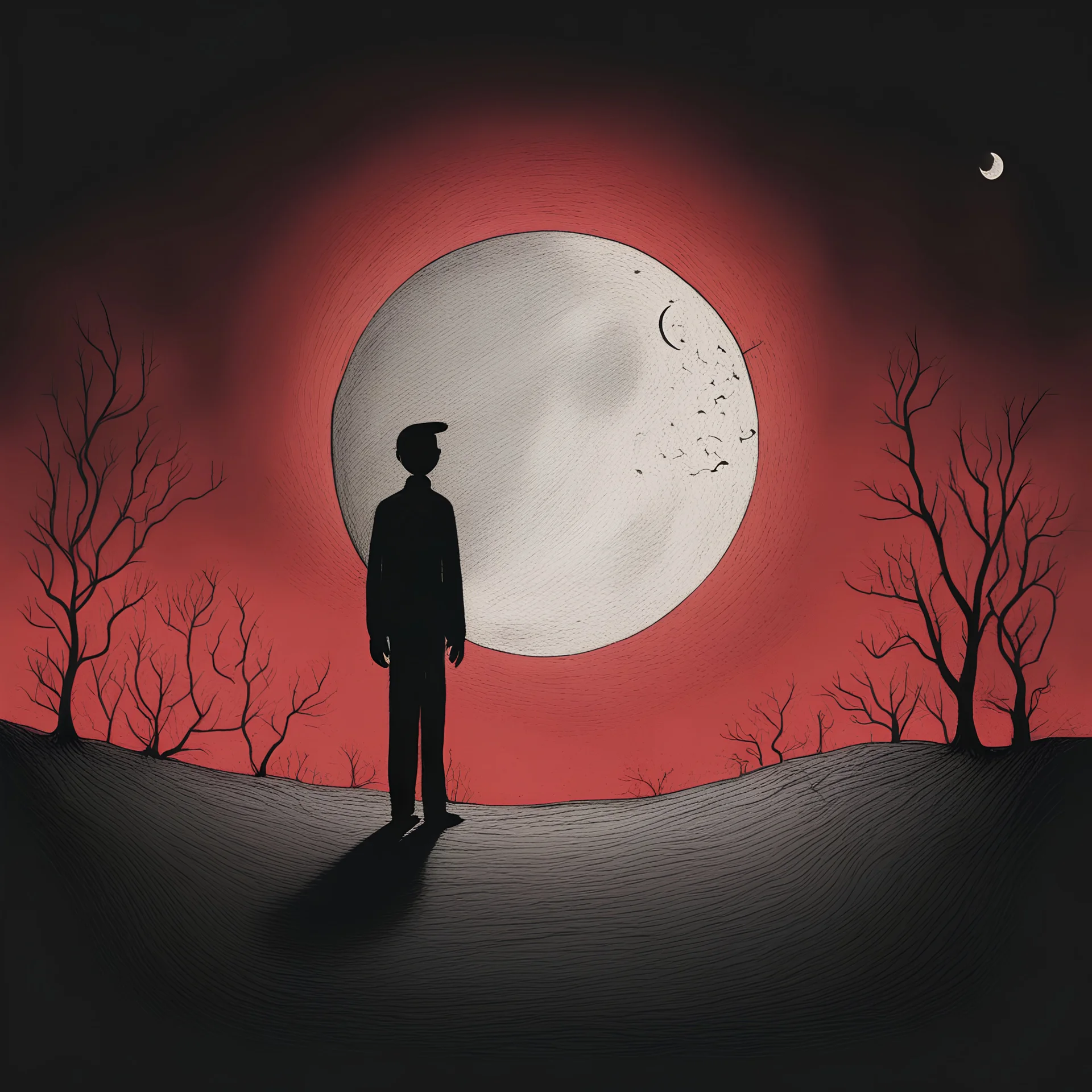 Man mesmerized by the moon, by Don Hertzfeldt, minimalistic creepy sketch, dark colors, red hues, complex contrast, dynamic composition