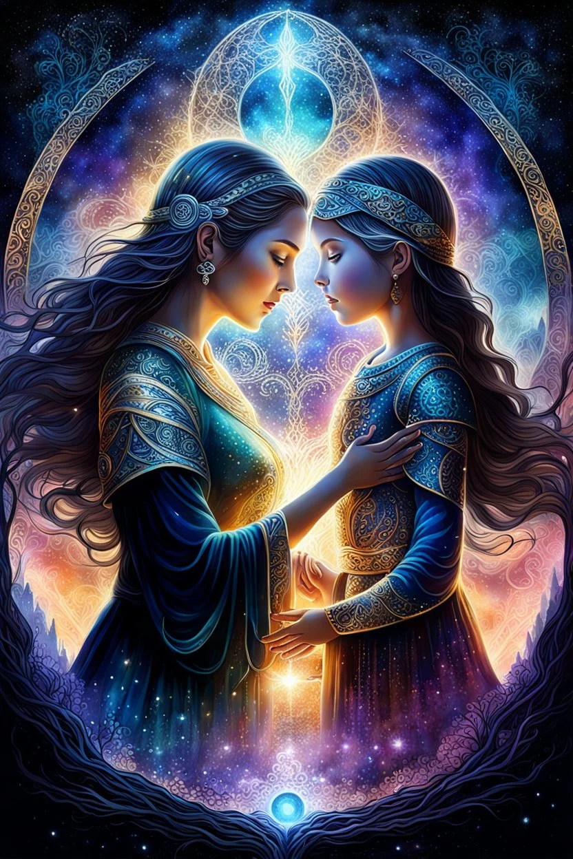 artistic work, a younger girl and her older mother in an mystic of eight shining, glittery- shadows shape, etheral, generations, love, embracing each other, touching, mystic relationship, expressive illustration of the mother-daughter relationship detailed matte painting, deep color, fantastical, intricate detail, splash screen, complementary colors, fantasy concept art, 8k resolution trending on Artstation Unreal Engine 5 in Gouache Style, Watercolor, Museum Epic Impressionist Maximalist Master