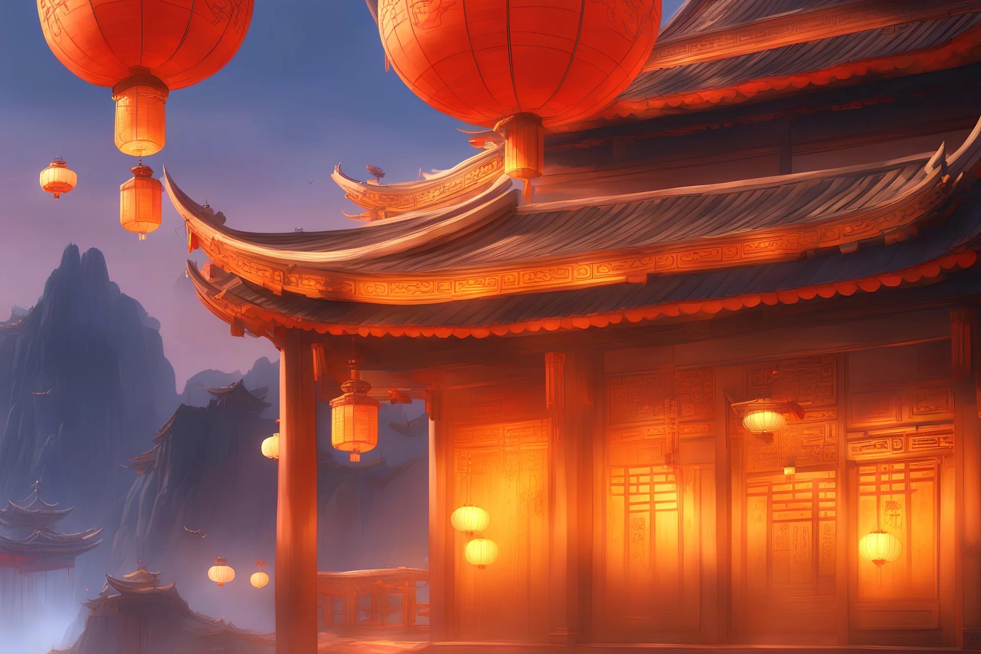 a painting of a chinese building with lanterns floating in the air, a detailed matte painting by Pu Hua, Artstation, sots art, concept art, matte painting, volumetric lighting