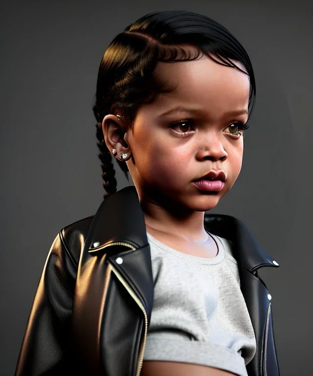 Rihanna toddler, full height, leather jacket, soft skin, dramatic lighting, hyper realistic