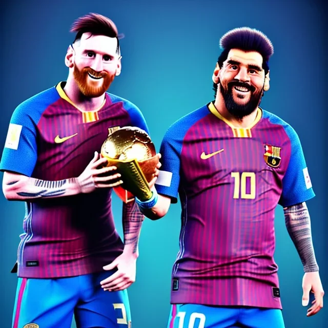 Lionel Messi und diego armando maradona halten gemeinsam in einem Stadion den Worldcup in der Hand, Fußball, stadion, viele menschen, perfect quality, argentinien, photography, central