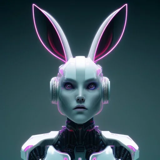 A beautiful portrait of a cyborg rabbit white neon color scheme, high key lighting, volumetric light high details psychedelic background