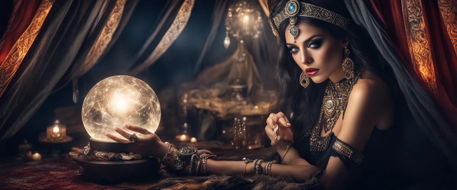 Hyper Realistic photographic-view of Wicked Fortune-teller wearing black-beed-necklace-&-bracelet angrily Looking at her crystal-ball glowing magically & sitting in her tent decorated with fancy-traditional-ornaments-&-feathers showing dramatic & cinematic ambiance"