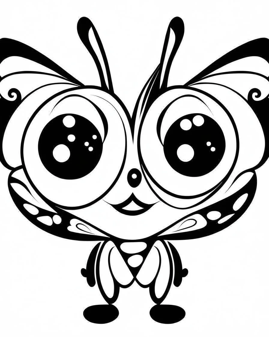 Cute butterflies, big cute eyes, pixar style, simple outline and shapes, coloring page black and white comic book flat vector, white background