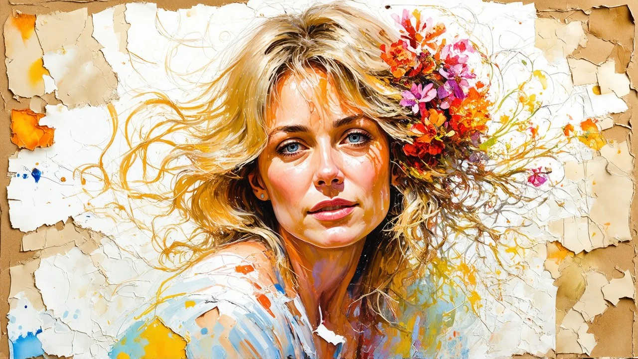 abstract art complementary colors fine details , old torn worn paper, peeling, high grain, portrait blonde , flowers in hair, acrylic, alcohol ink, fine drawing, A blonde woman in her 40s, with flowers woven into her loose, curly hair, sits in a whimsical, dreamlike setting, surrounded by delicate swirling patterns reminiscent of the textures of old torn paper, in a vibrant, abstract style combining acrylic and alcohol ink techniques, with fine detailing that highlights complementary colors, in