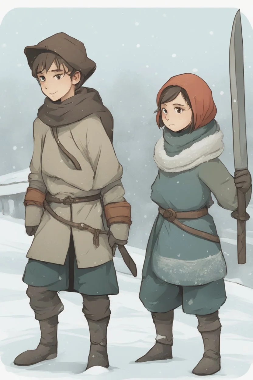 DnD style, two medieval peasant kids playing in the snow male and female, age 14 and 15, happy and playful, he has a short sword.