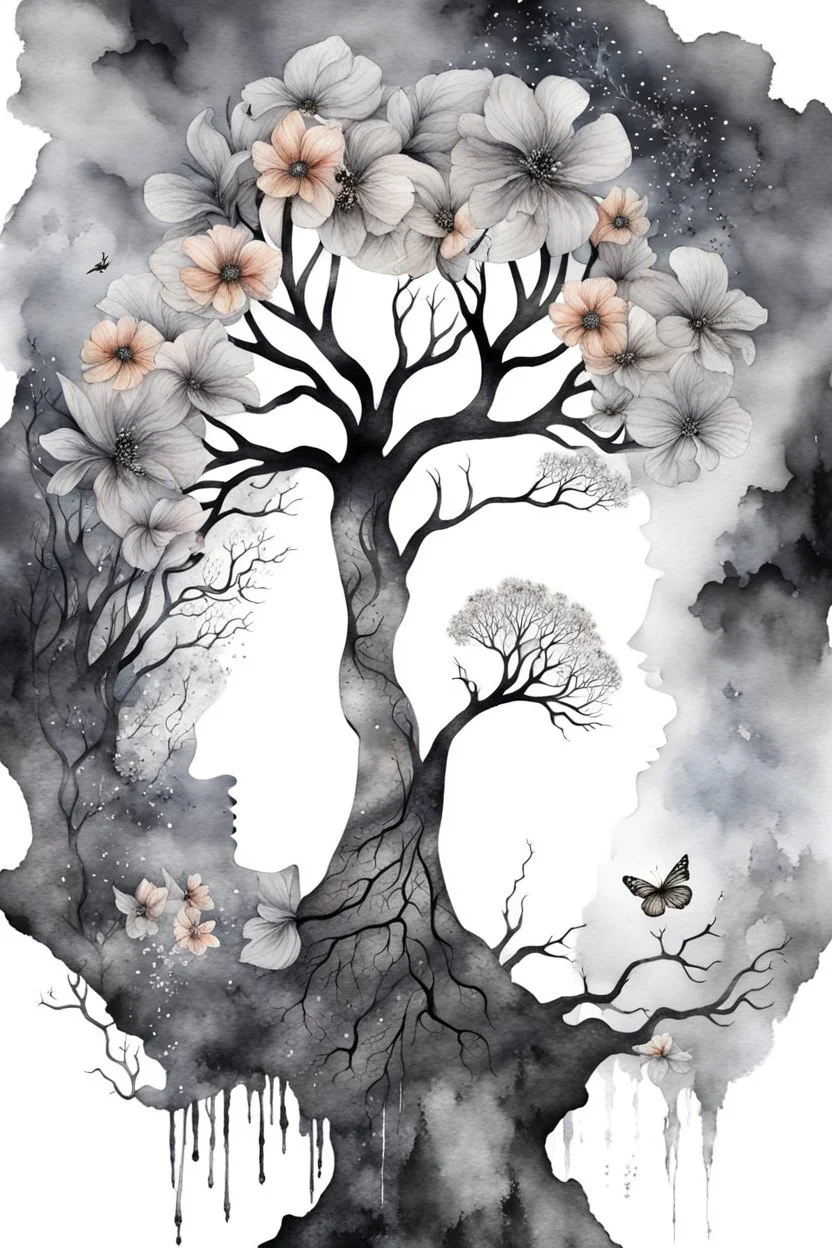 double exposure dry tree with fantasy flowers and profil one fairy face, black and gray and silver watercolor with weet ink, deep dark , surreal, dramatic atmosphere. intricate, stunning textures , mystery. stunning illustration