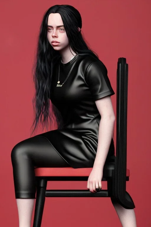 Billie Eilish, sitting on a chair, Black Short Dress, high detail, realistic