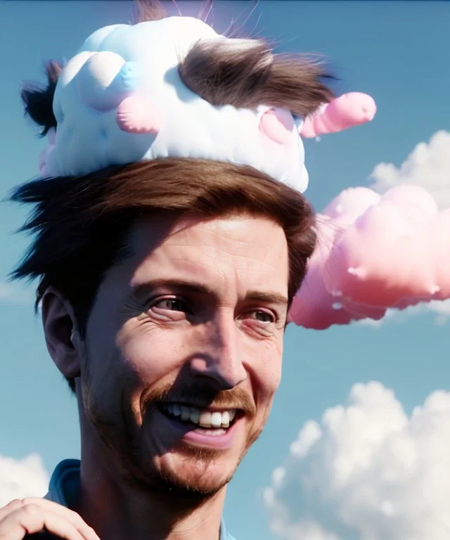 Ultra realistic clouds sky scene, medium shot view, portrait, sweet Childs, free jumping flying, trinkets, monster hair, jelly beans, inflatable helmet, smile, happy, Wes Anderson style, inflatable color clothing, extreme, wind, clouds sea, 20,000 feet altitude, stratosphere, soft color, highly detailed, unreal engine 5, ray tracing, RTX, lumen lighting, ultra detail, volumetric lighting, 3d, finely drawn, high definition, high resolution.