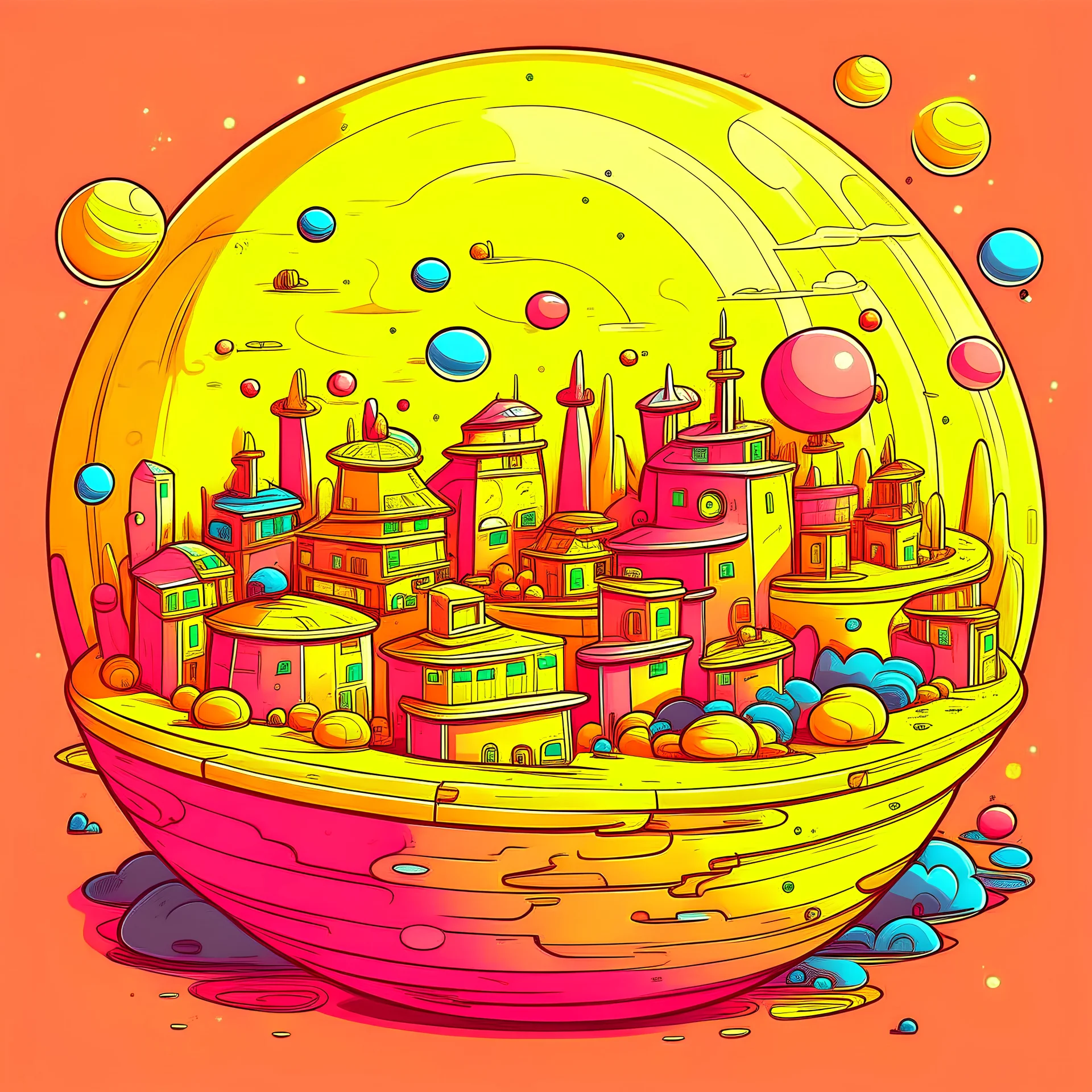 Cartoon planet city, orange pink and yellow