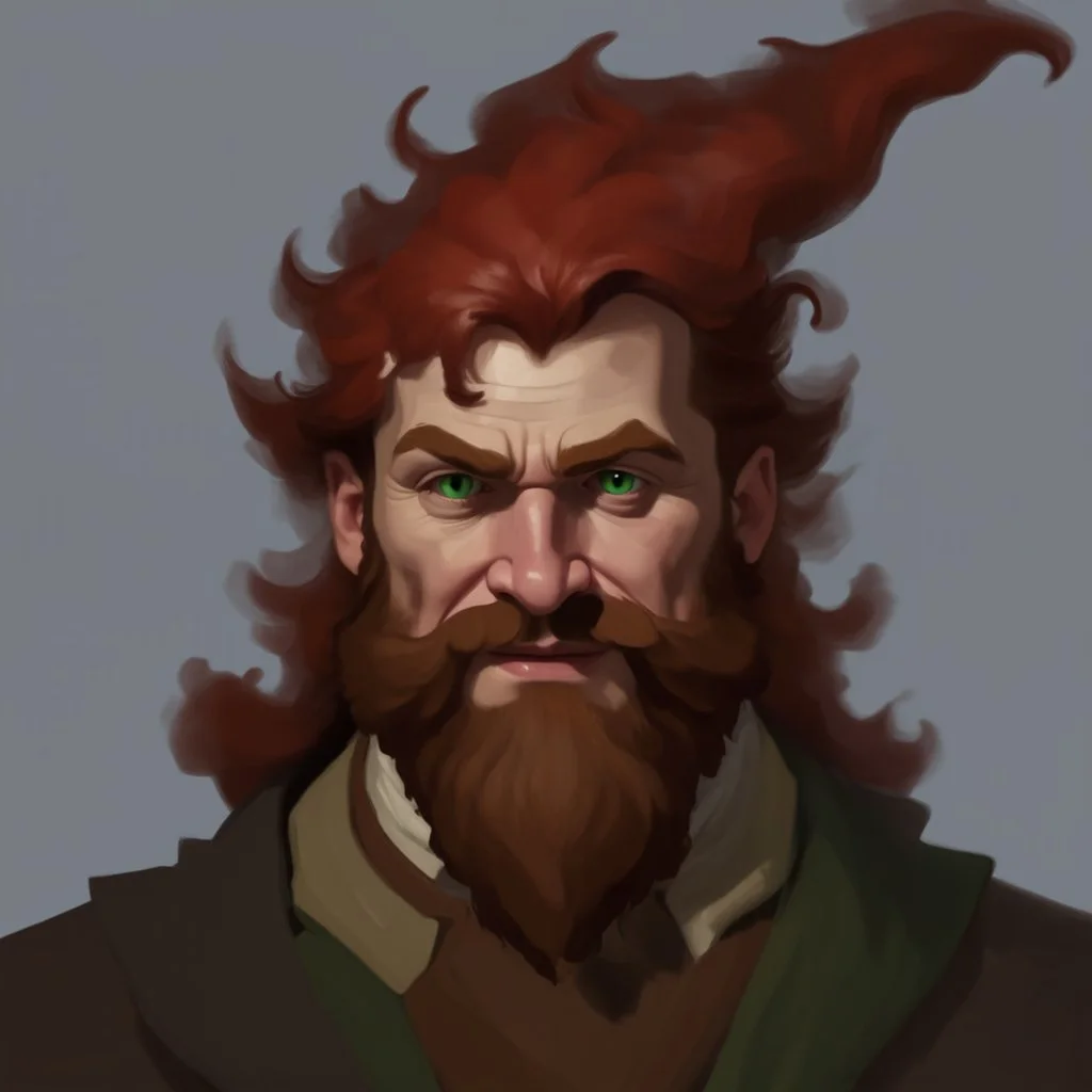 dnd, fantasy, watercolour, portrait, illustration, dull colours, male, dwarf, face, bearded, long brows, frugal, weathered face, green eyes, determined, happy, red hair, very long hair streaming down the shoulders, radiating light, five o'clock shadow, softer facial features, dignified