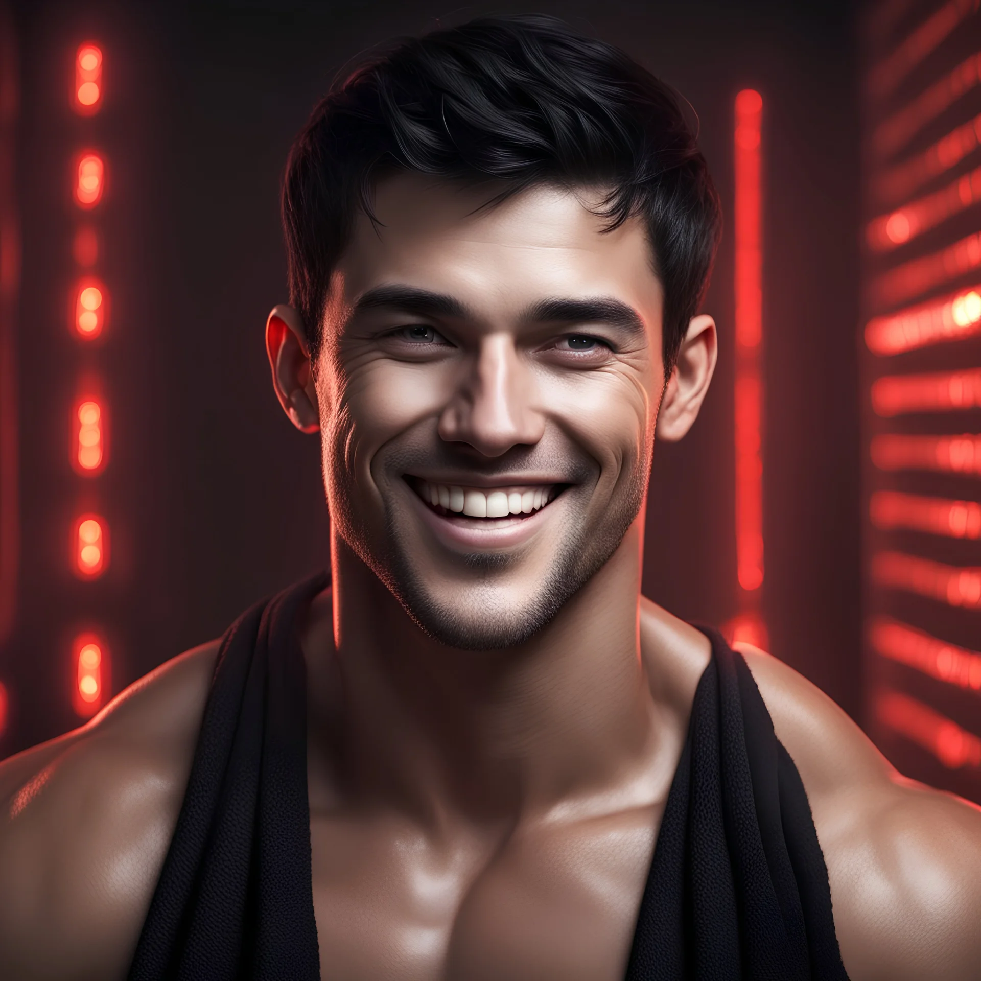 Hyper realistic extremely handsome muscular short black hair man smiling & wearing a black towel in between a dark room with small red lights