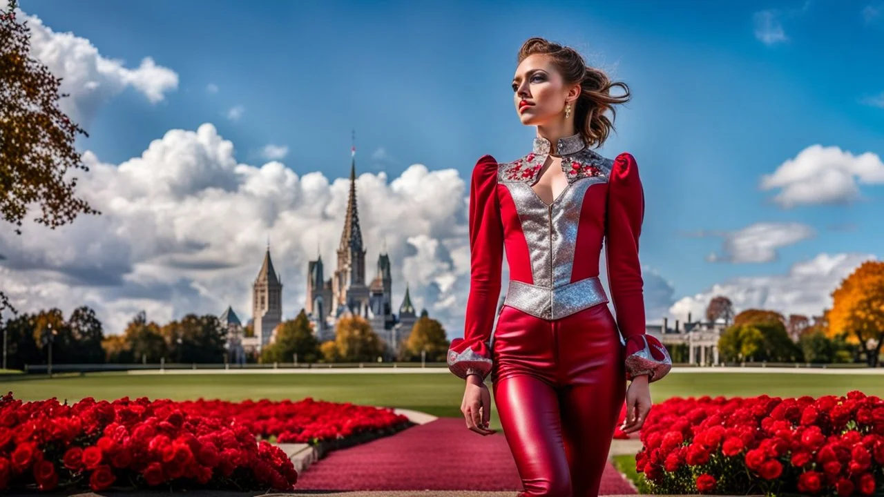 fullbody close up of 1 girl makeup wearing a dark red-silver victorian top and pants and pretty boots walking in moder city of 2040 park ,colorfull flowers ,pretty clouds in blue sky,city escape.