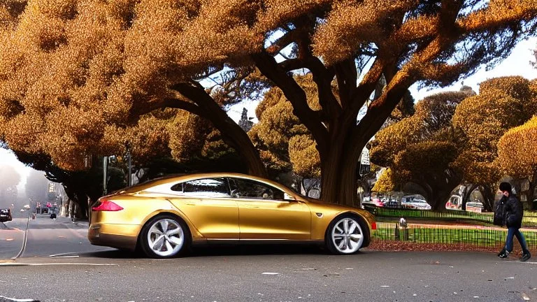 A Tesla's 'Model S Plaid' is doing donuts, within the 'Golden Gate Park', in San Francisco. CINEMATIC. WIDE ANGLE LENS. PHOTO REAL.