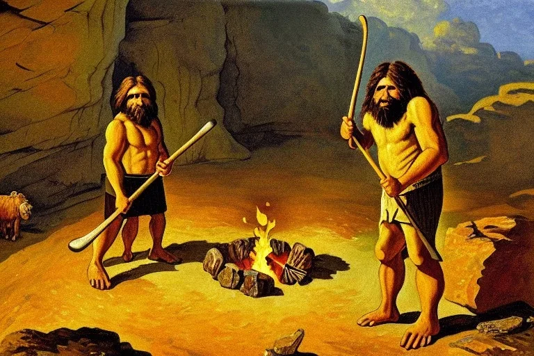 Neo-Impressionism, caveman holding a club, cave, cave bear, campfire, stone age, dawn, fine detail, high quality,