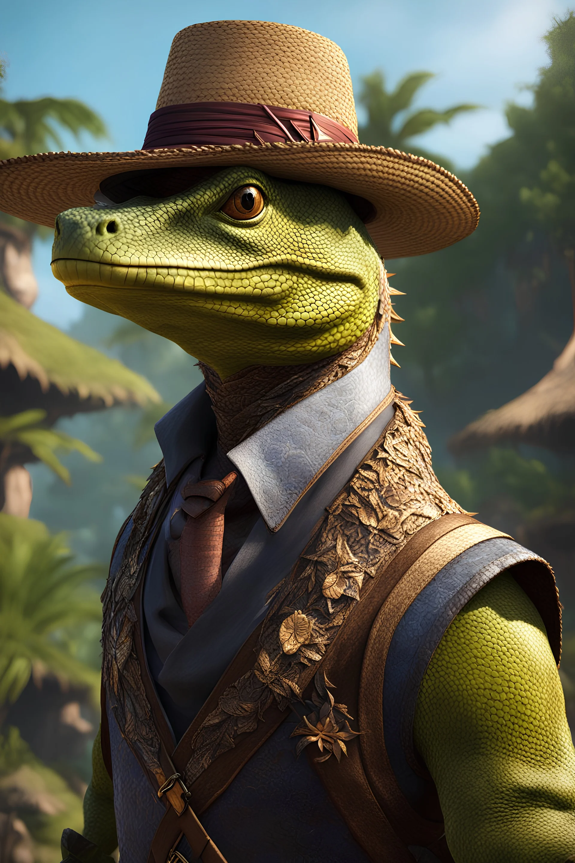 dnd character art of brown lizardfolk, wearing a small straw hat, colourful waistcoat, high resolution cgi, 4k, unreal engine 6, high detail, cinematic, concept art, thematic background, well framed