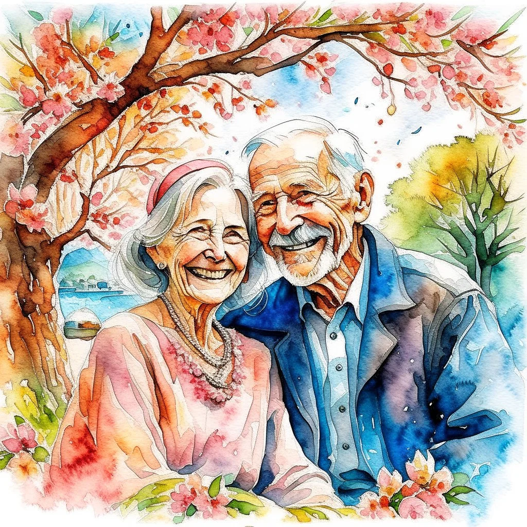 A vibrant watercolor wash splash art style portrait of a joyful elderly couple, their faces radiating happiness, sheltering beneath the blossoming branches of an old cherry tree. The man, with a neatly trimmed white mustache and a twinkle in his eye, gently holds the woman’s hand, while she smiles warmly, her silver hair softly framing her face. Below them, nestled amongst the roots of the tree, a textured sign reads "Happy 60th Wedding Anniversary" in bold lettering. The background depicts a mi