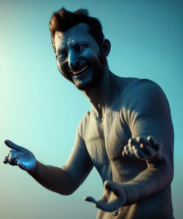 Realistic image, waist up view, a guy making the fuck you gesture with his hand, blue smoke coming out of his eyes, nose and mouth. Happy, smile, soft color, highly detailed, unreal engine 5, ray tracing, RTX, lumen lighting, ultra detail, volumetric lighting, 3d, finely drawn, high definition, high resolution.