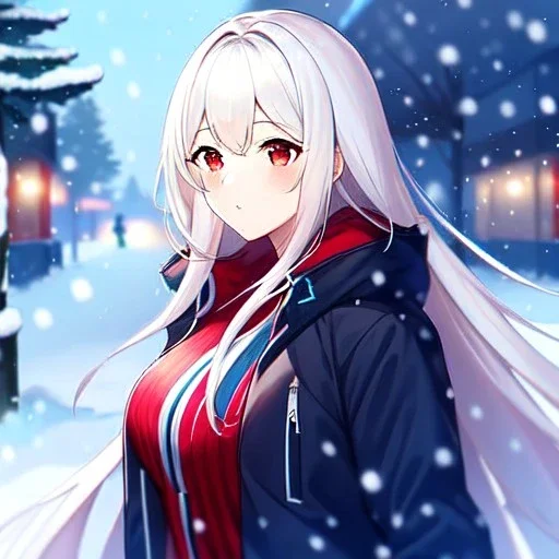 Clear focus, 8k, high quality, detailed, beautiful lighting, girl, vibrant colors, white long hair, vibrant red eyes, jacket, snowing, playing in snow,