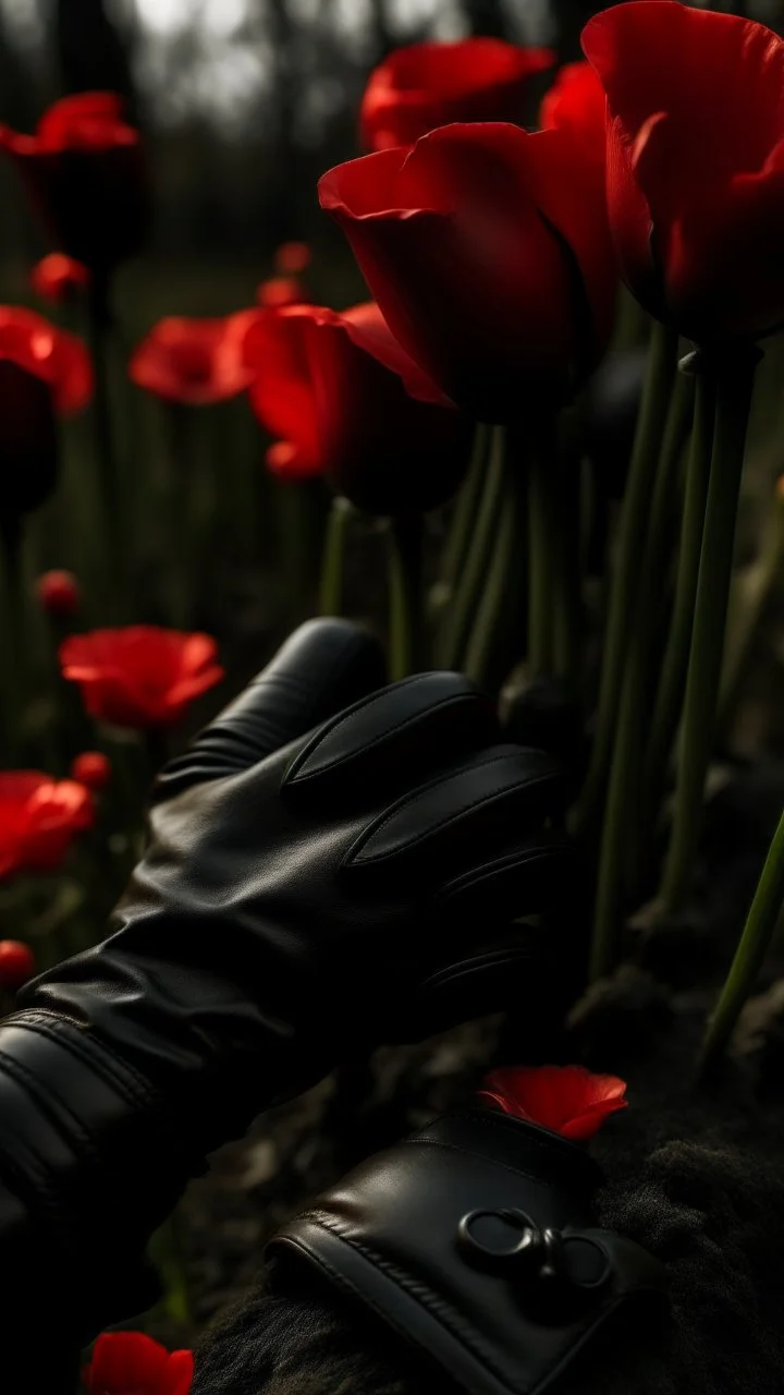 A wooden judge's gavel engraved with Tatiana's name. Next to a black pistol and two black leather gloves. Placed in a field filled with red poppies.. Dark garden background. Dark garden background cinematic.