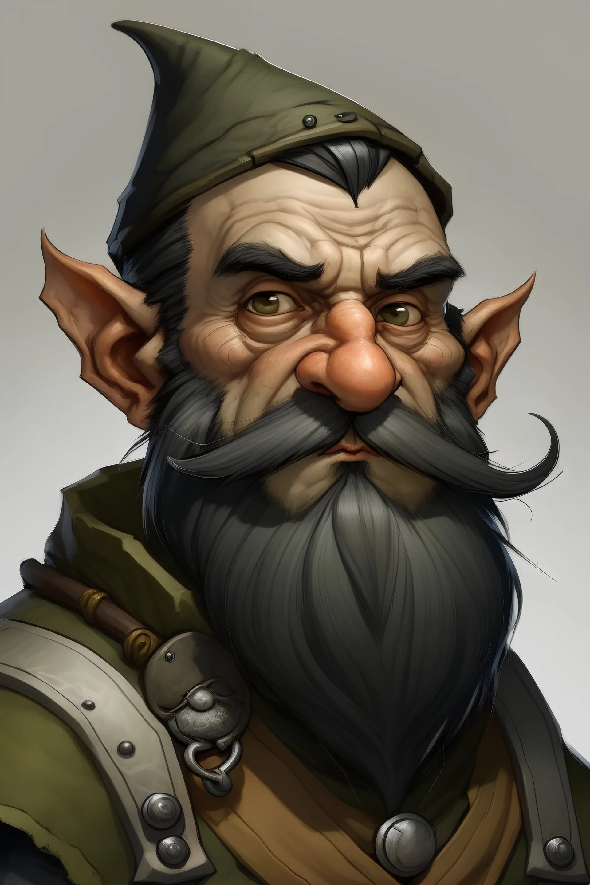 portrait of a rock gnome no beard from d&d with black hair who looks middle aged and has no beard