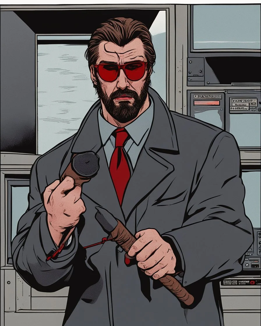 a young man with big muscles who looks like hans gruber wearing a heavy coat and red sunglasses staring with an irritated look on his face smashing a television with a sledgehammer