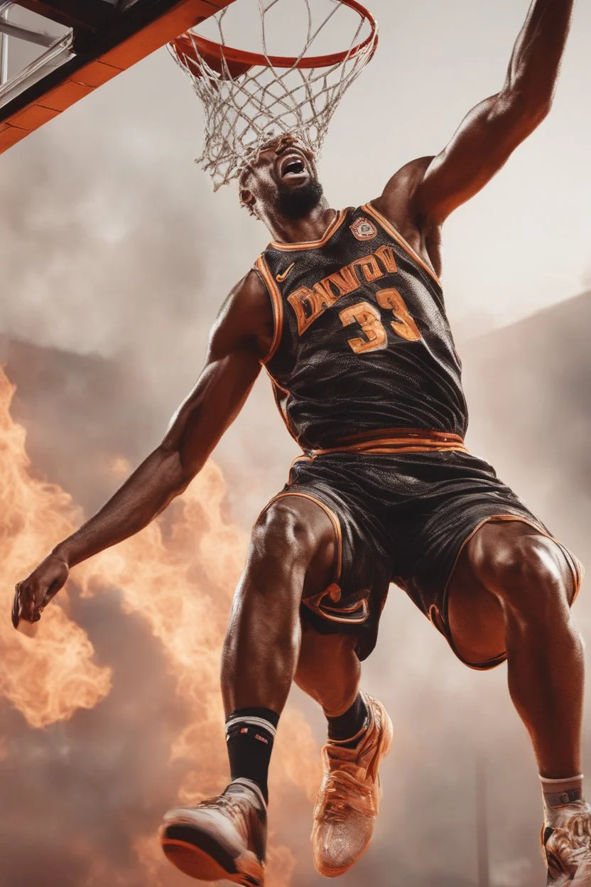 8k, highly realistic and detailed image of a NBA basketball player in action dunking the ball in the net, sweaty hair, screaming look,action and smoke and flames background