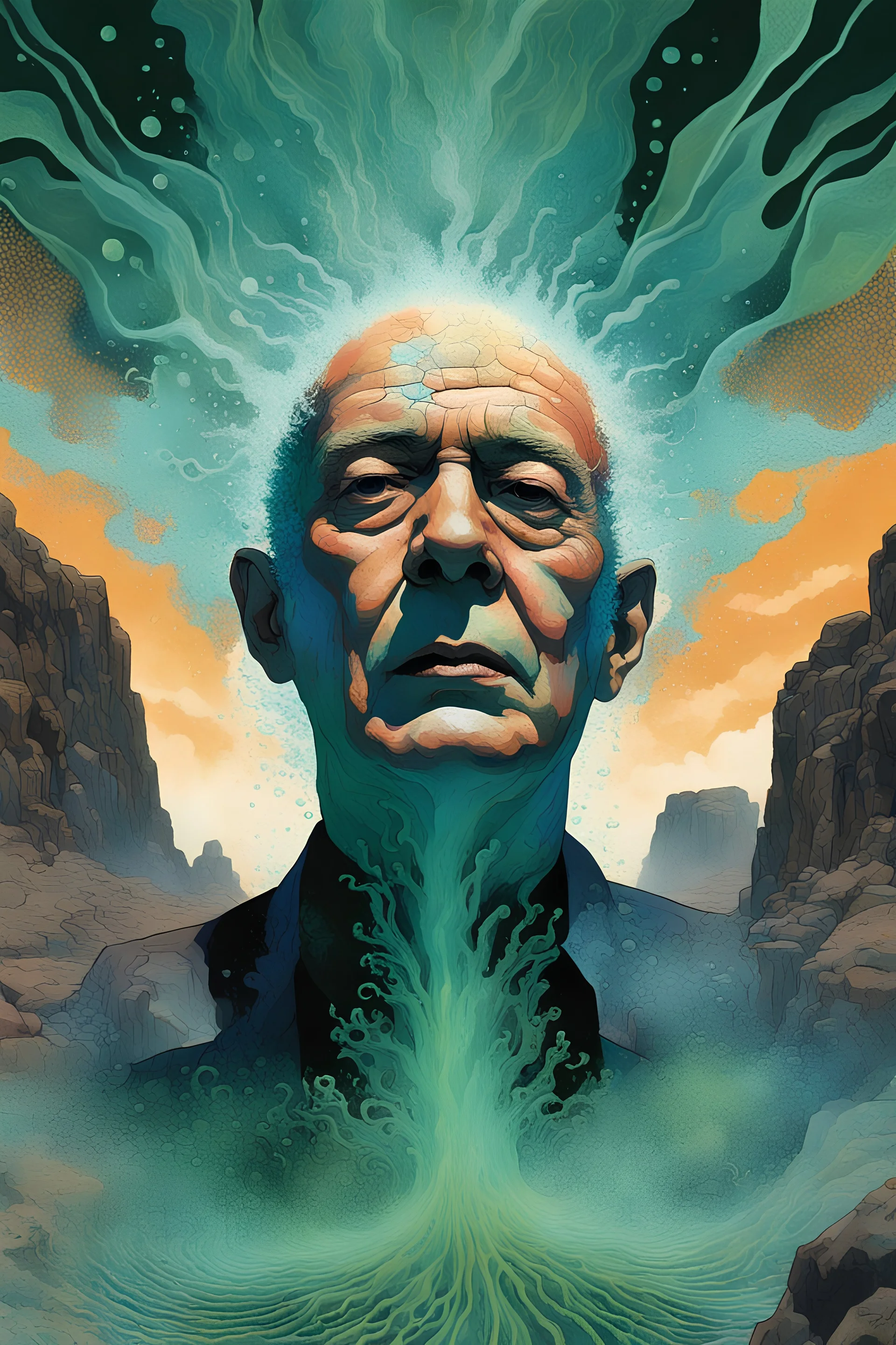 a close up portrait illustration of John Verne , a vision exploding from his mind, projecting ancestral spirits emerging from a horrific past , splashing on a semi-permeable membrane in fractal shapes congealed above an iridescent algal bloom in batik patterns across a desert landscape of columnar basalt and moeraki boulders, in the style of Alex Prager, Zdzislaw Beksinski and the comic book style of Jean-Giraud Moebius ,