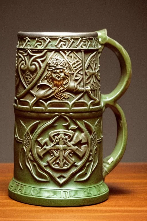 A viking dwarfa tankard of honey mead. An oak leaves and green man are prominent. Book of Kells style